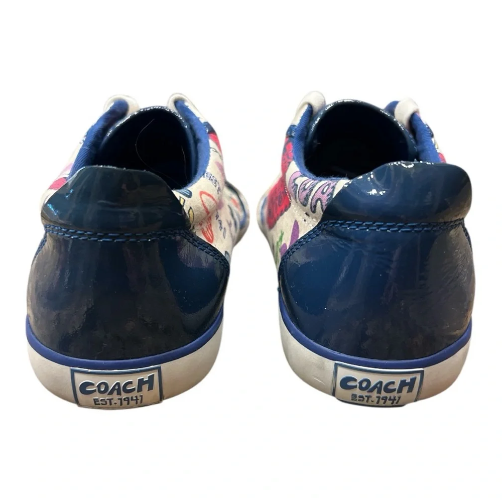 Coach Barrett Poppy Floral canvas sneakers with a blue and white graffiti SZ 8.5